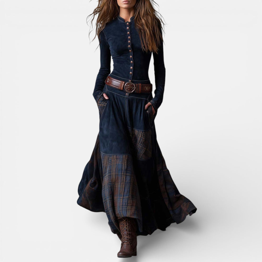 Leonora Vintage Long Dress for Women | Navy Suede Check Maxi with Belt