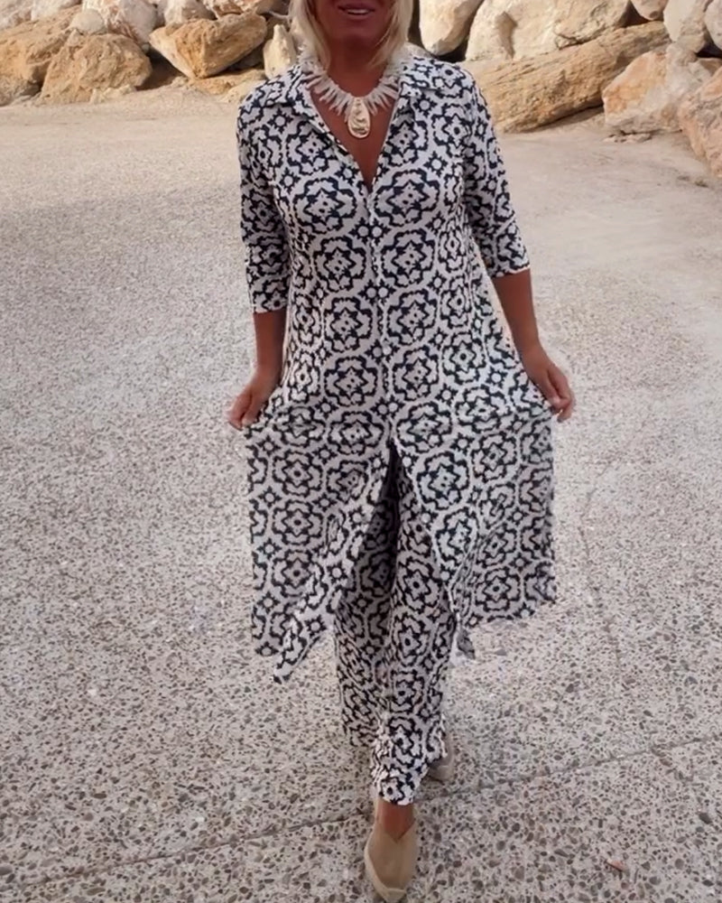 Delphine | Women's Printed V-Neck Tunic Wide Leg Pants Set