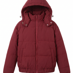 Wine red hooded puffer jacket for women, front view with hood up