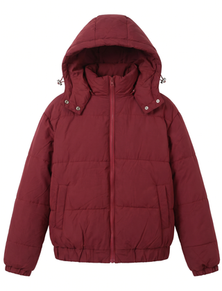 Wine red hooded puffer jacket for women, front view with hood up