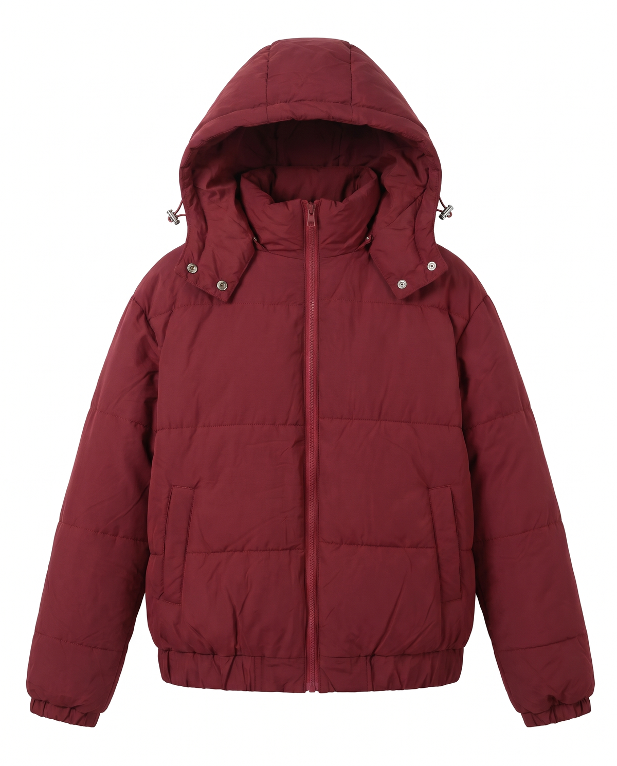 Wine red hooded puffer jacket for women, front view with hood up