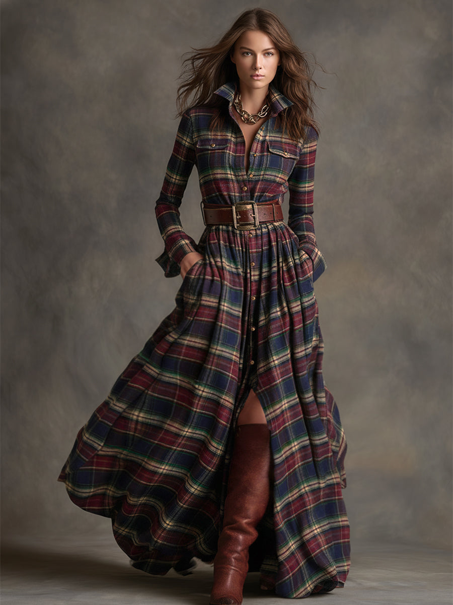 Rosalind | Women's Plaid Lapel Maxi Dress