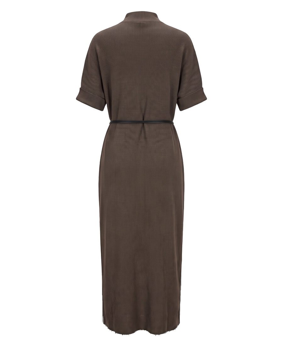 Brown knit mock neck belted maxi dress, back view