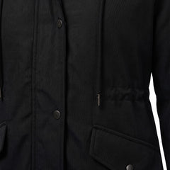Close up of the snap button storm placket, waist drawstring and flap pocket