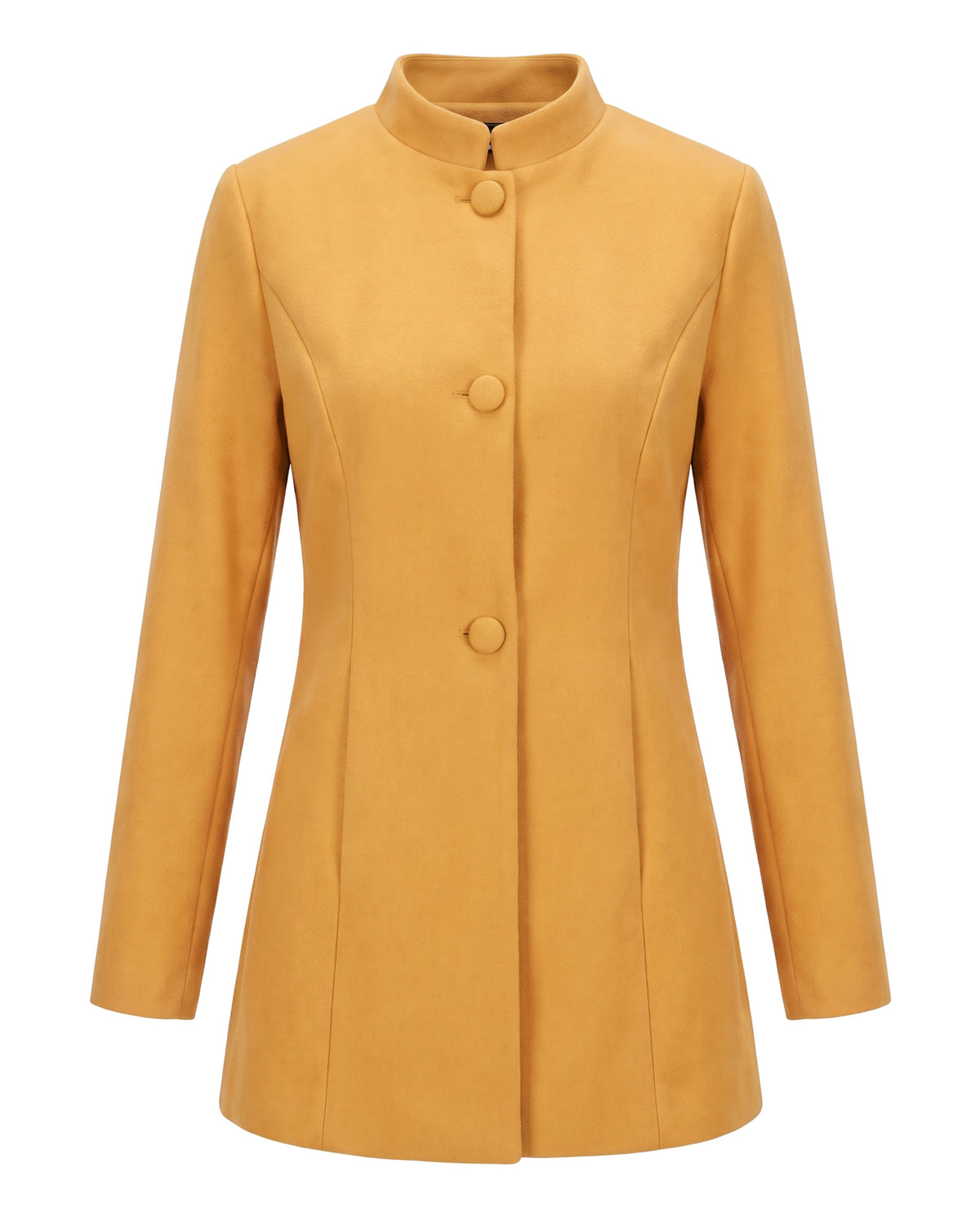 Women's stand collar coat in yellow, front view
