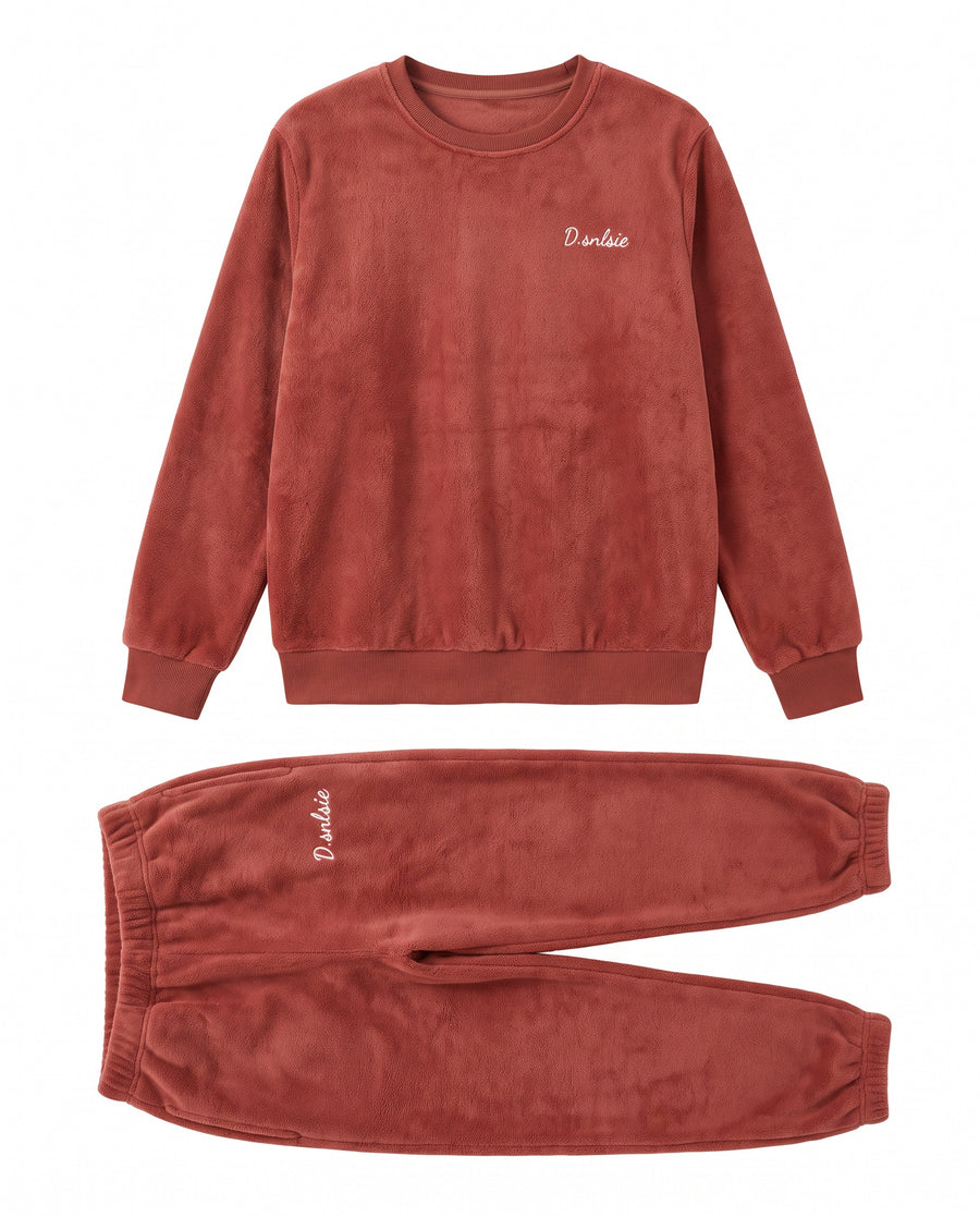 Red fleece lounge set front view, crew neck top and matching joggers