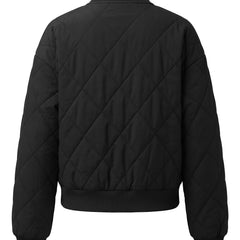 Black quilted bomber jacket, back view