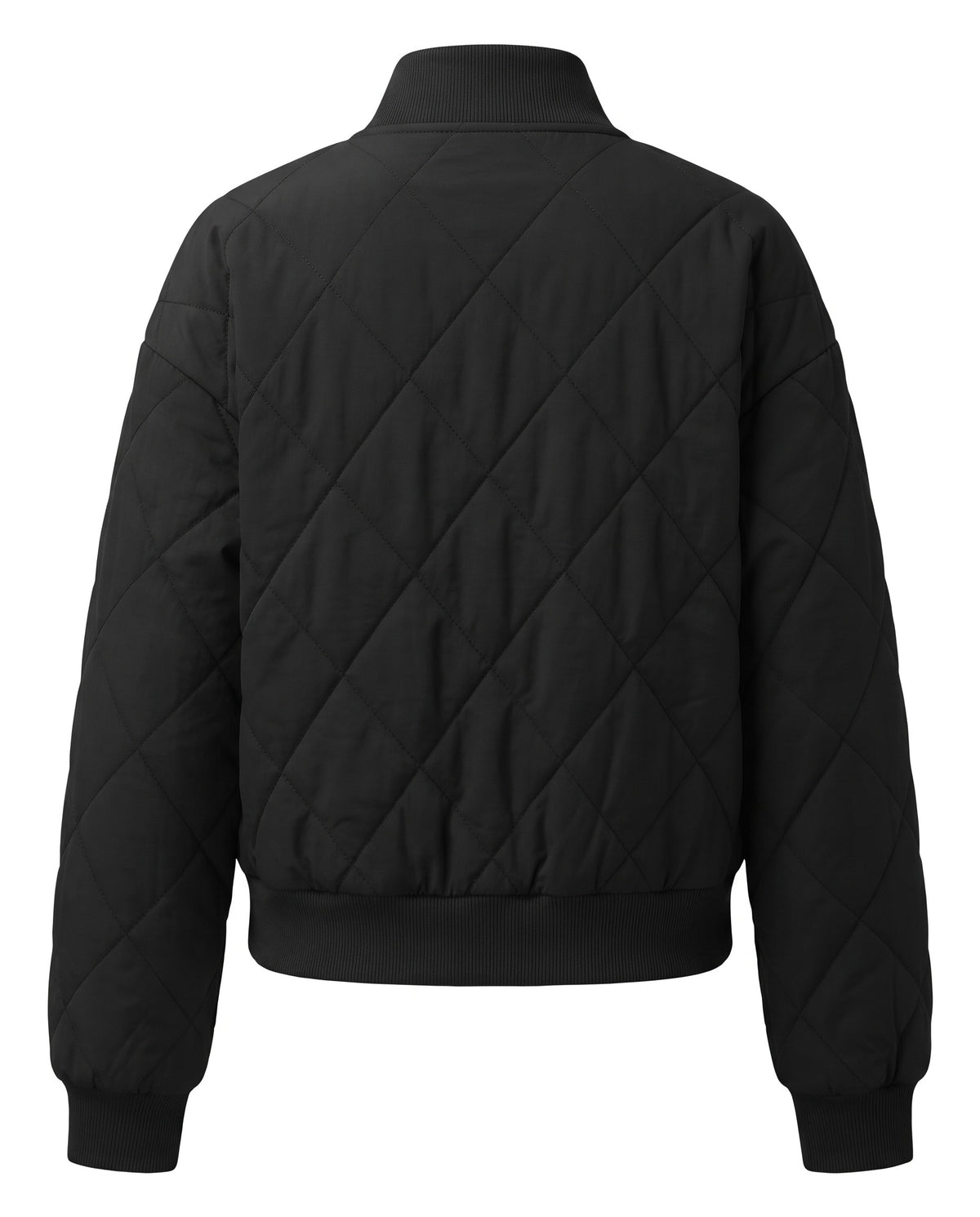 Black quilted bomber jacket, back view