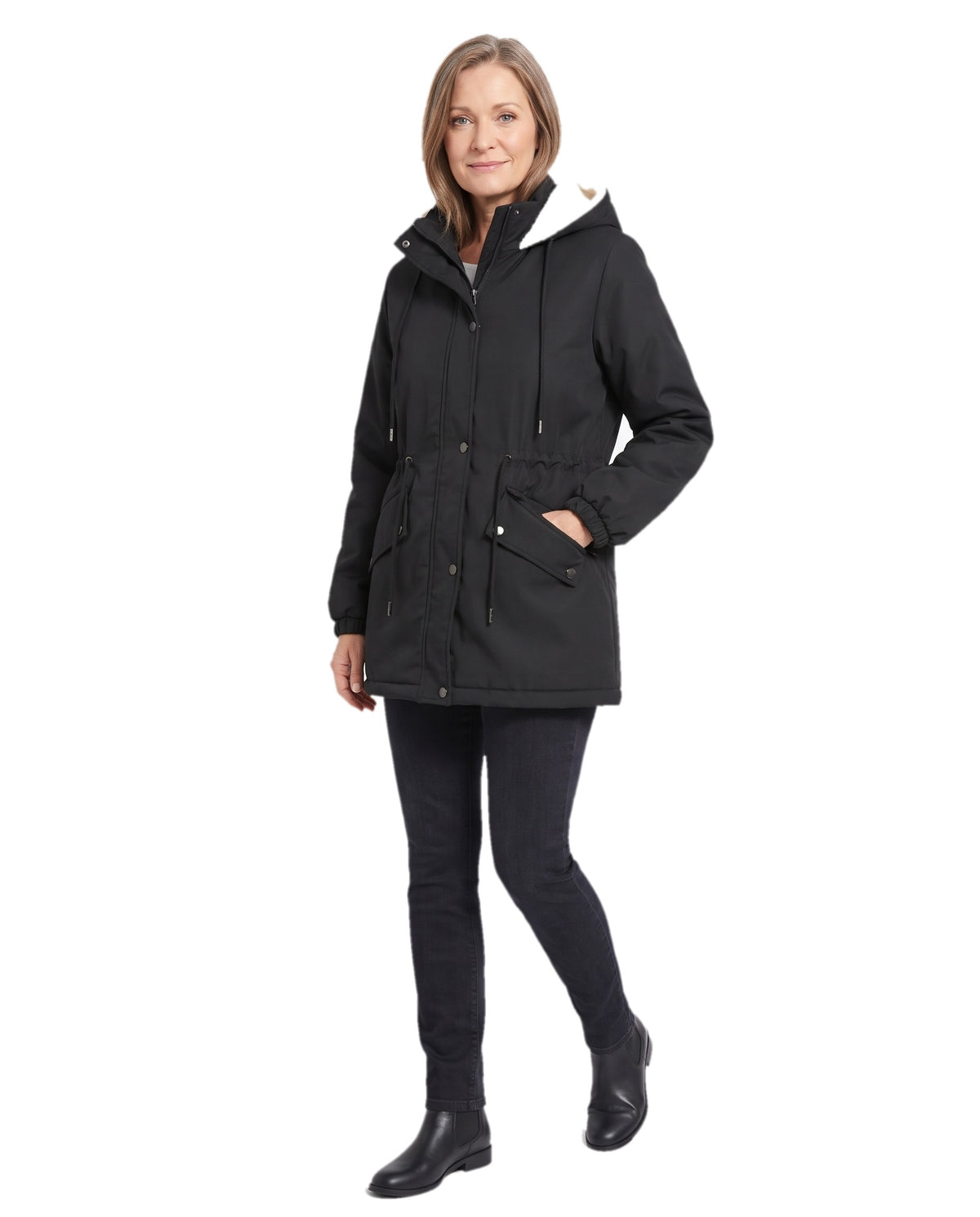 Woman wearing the black hooded parka jacket, three quarter walking pose