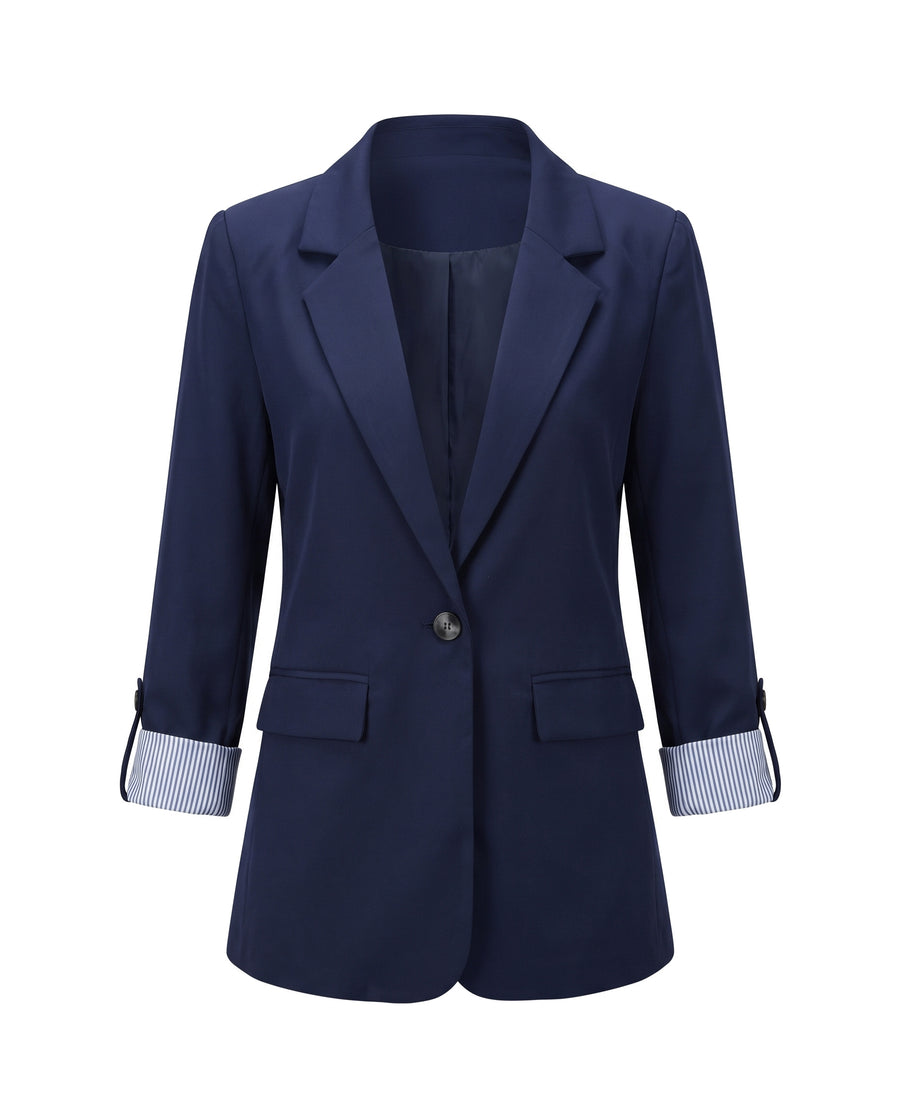 Navy roll tab sleeve blazer front view with striped cuffs