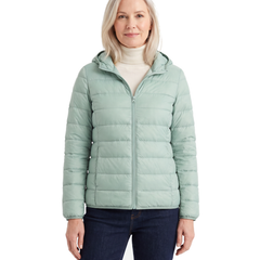 Model wearing the green hooded puffer jacket, front standing