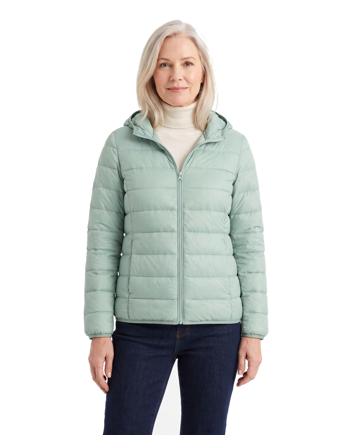 Model wearing the green hooded puffer jacket, front standing