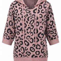 Pink leopard print hooded knit sweater front view on a white background