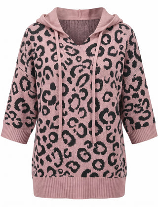 Pink leopard print hooded knit sweater front view on a white background