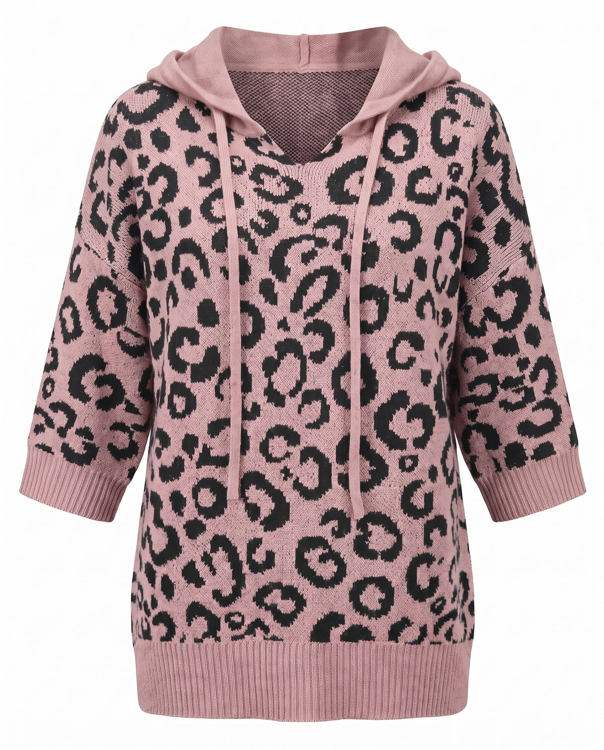 Pink leopard print hooded knit sweater front view on a white background