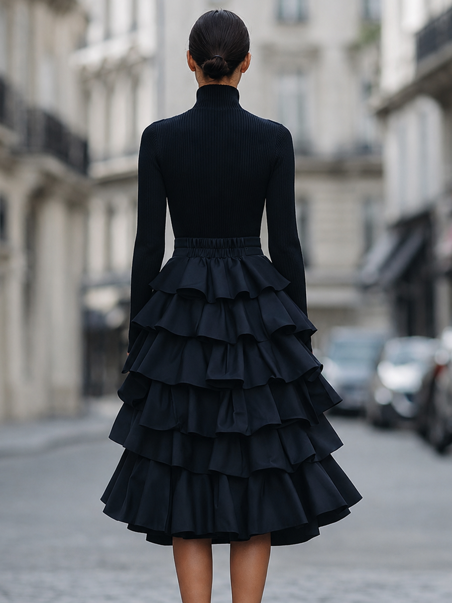 Odessa | Women's Turtleneck Ruffle Tiered Midi Dress