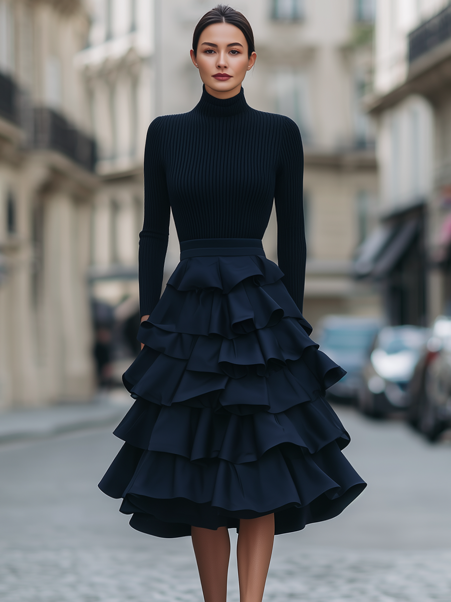 Odessa | Women's Turtleneck Ruffle Tiered Midi Dress