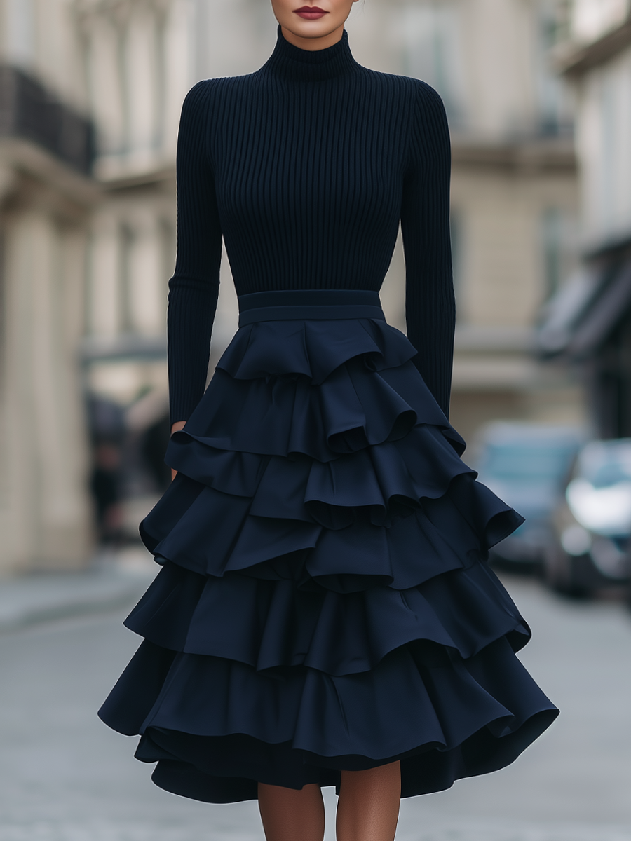 Odessa | Women's Turtleneck Ruffle Tiered Midi Dress