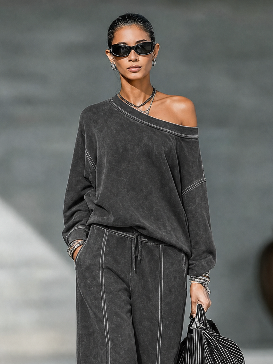 Talia | Women's One-Shoulder Sweatshirt & Pants Set