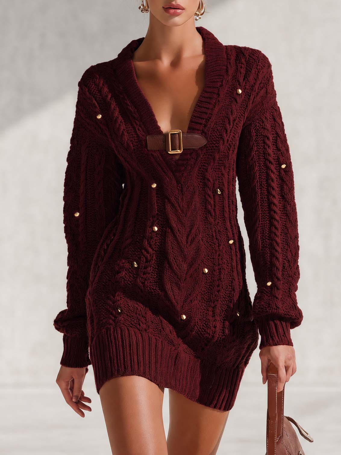 Marielle | Women's Cable-Knit Deep-V Mini Sweater Dress