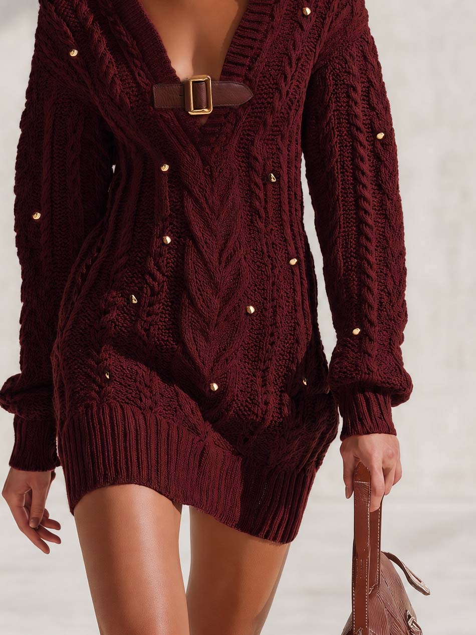 Marielle | Women's Cable-Knit Deep-V Mini Sweater Dress
