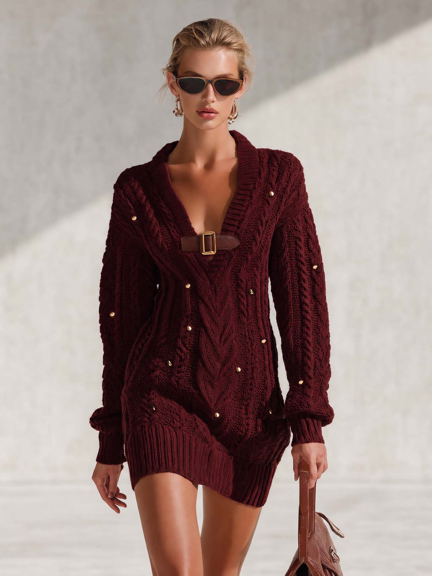 Marielle | Women's Cable-Knit Deep-V Mini Sweater Dress