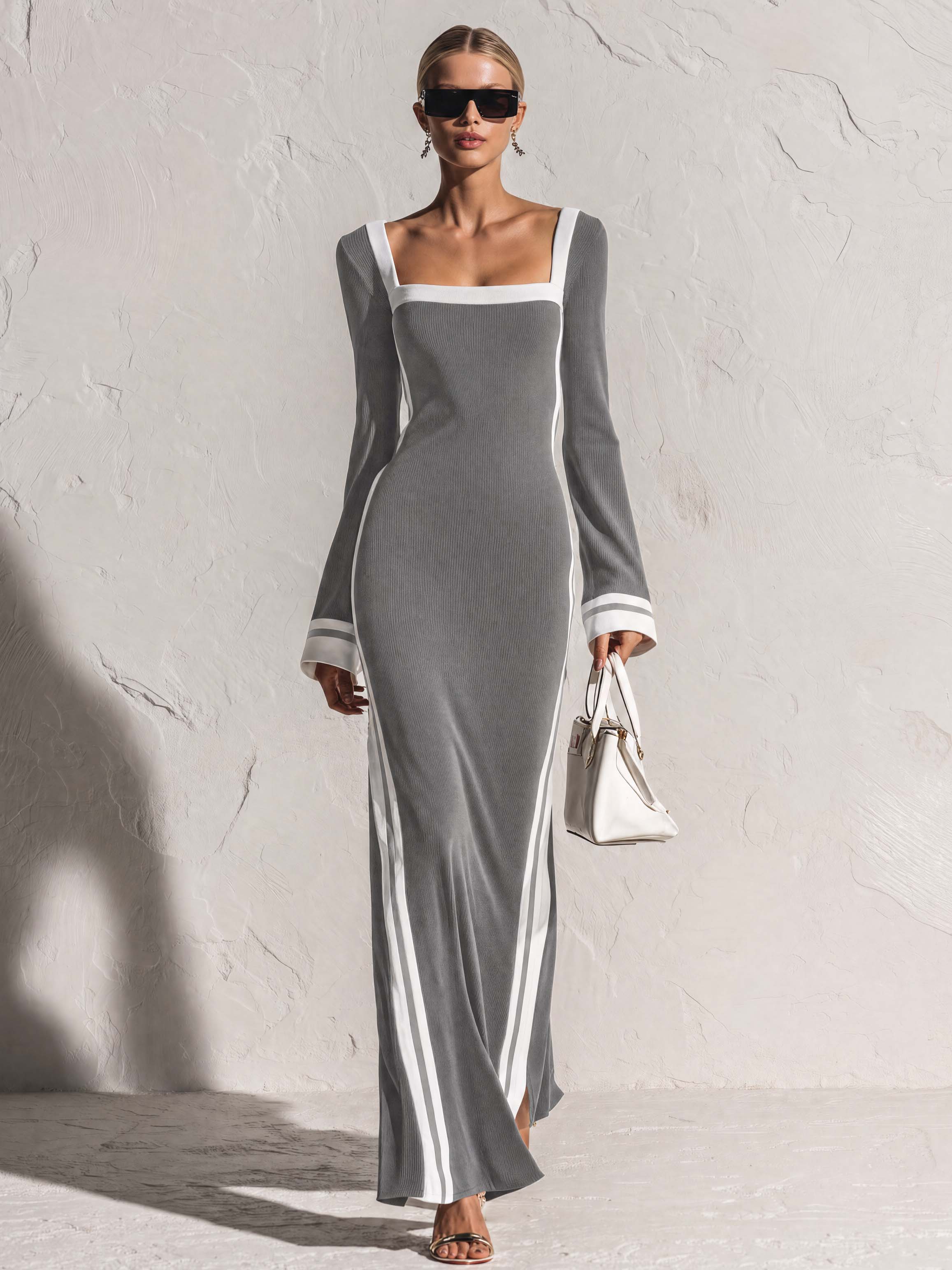 Marlowe | Women's Retro Square Neck Knit Maxi Dress