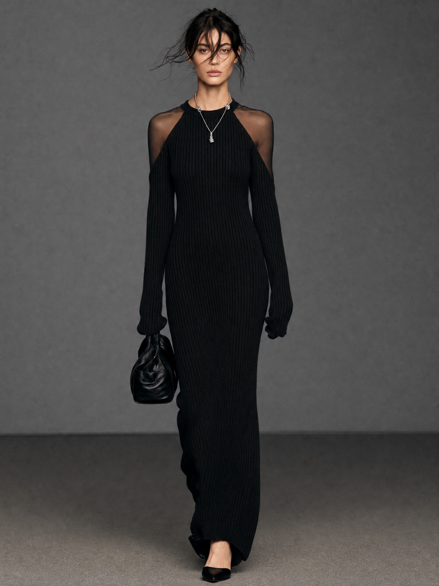 Elowen | Women's Long-Sleeve Organza-Panel Maxi Sweater Dress