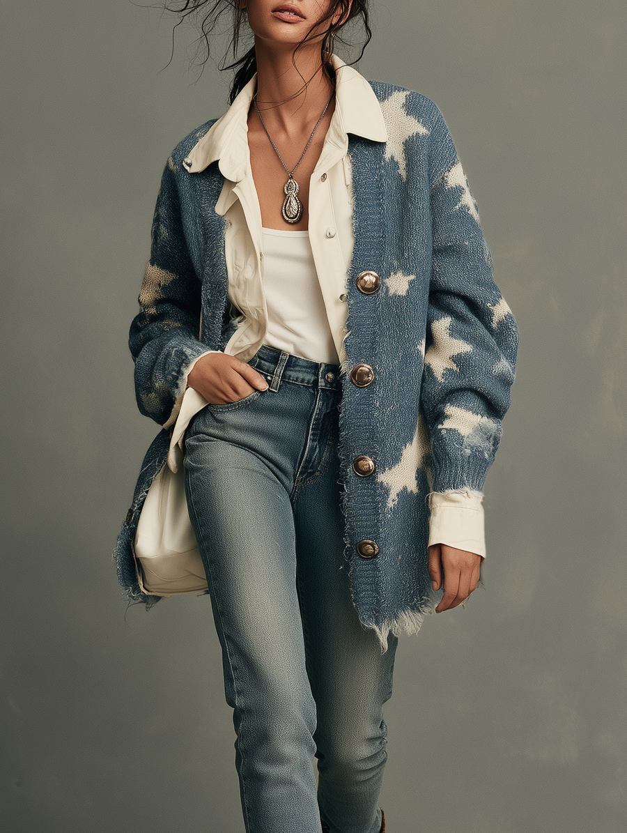 Odette | Women's Star-Jacquard Frayed-Hem Cardigan