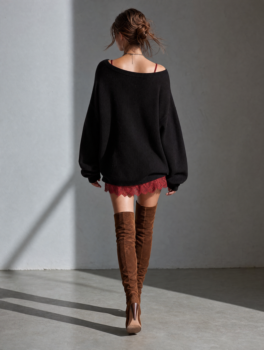 Reina | Women's Two-Piece Knit Top and Lace Camisole Dress Set