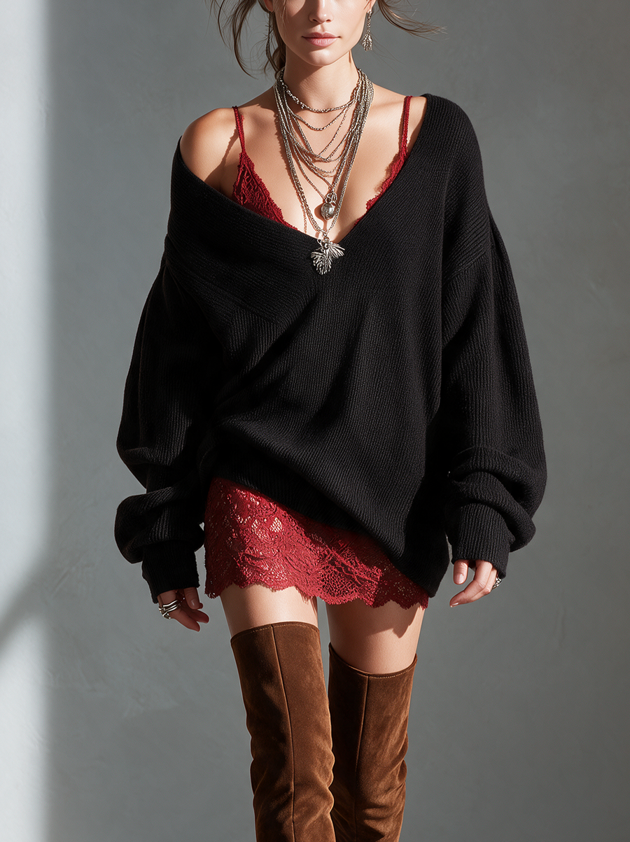 Reina | Women's Two-Piece Knit Top and Lace Camisole Dress Set