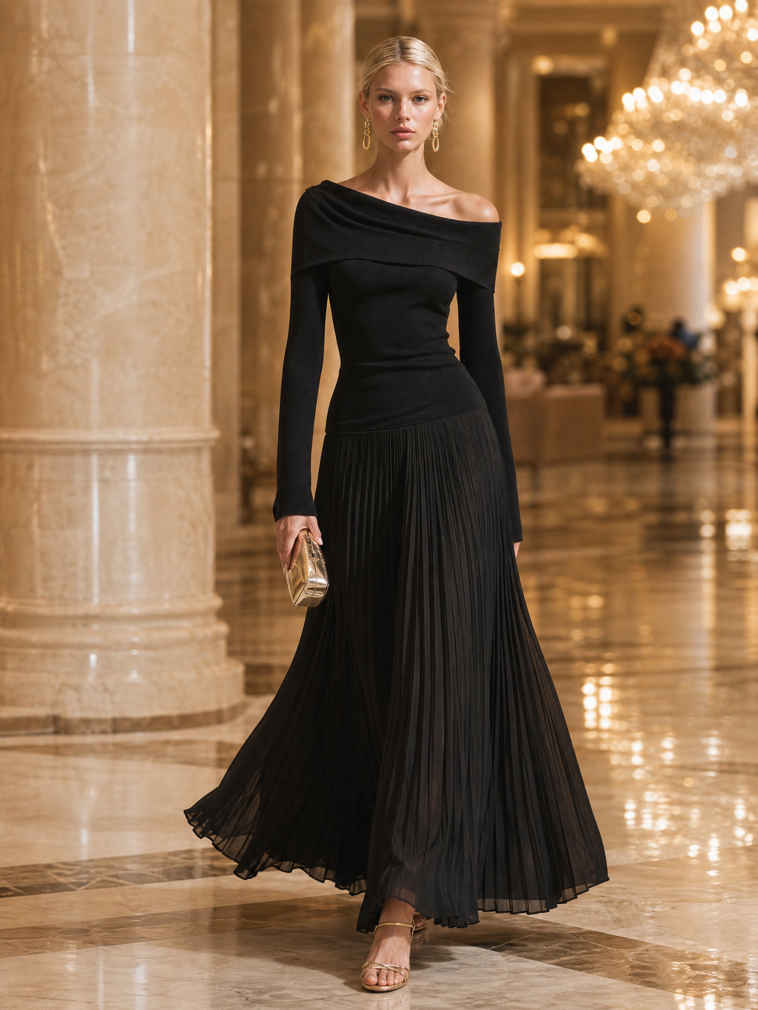 Adriane | Women's Off-Shoulder Pleated Chiffon Maxi Dress