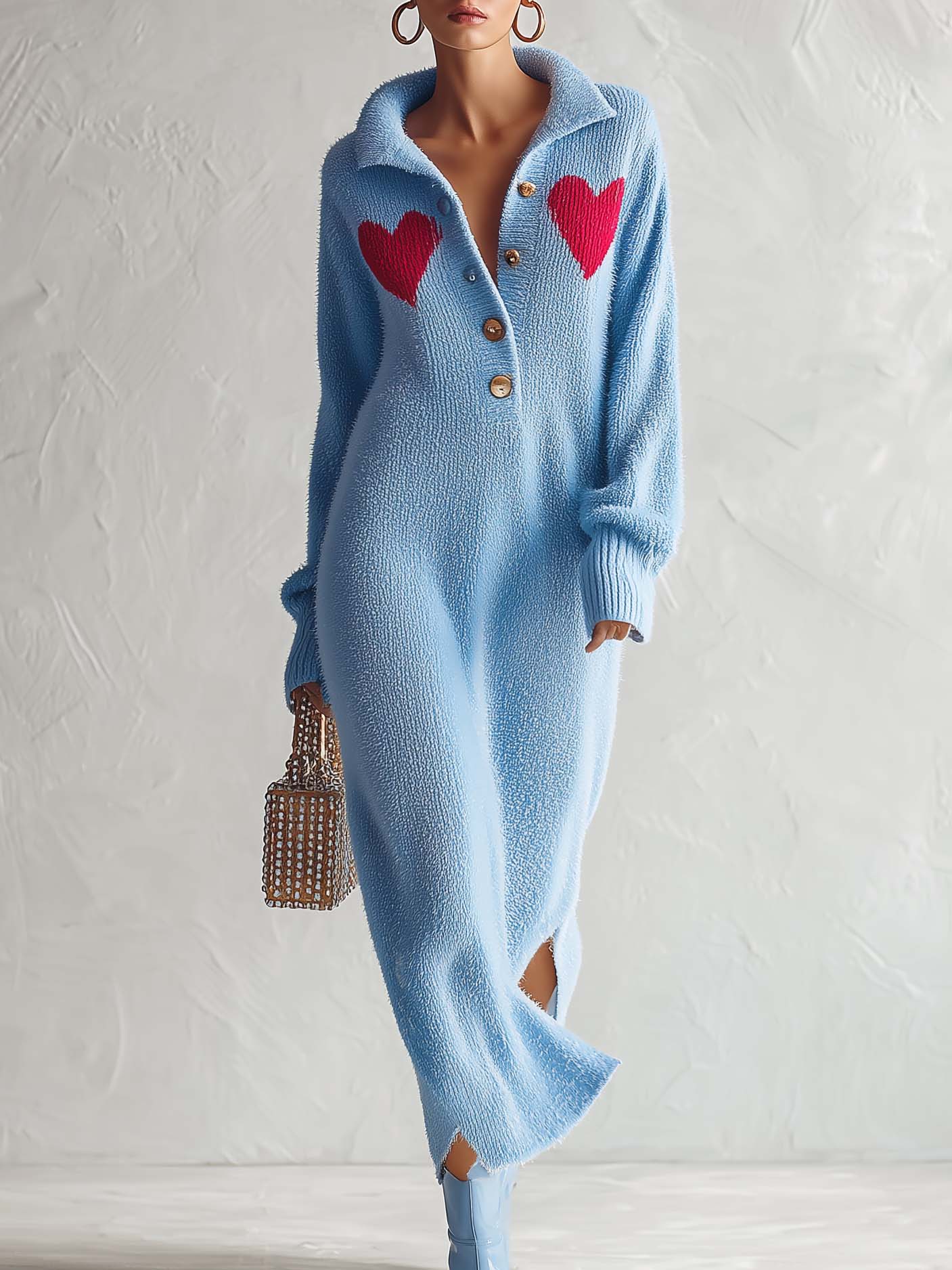 Josephine | Women's Heart-Motif Fuzzy Knit Maxi Sweater Dress