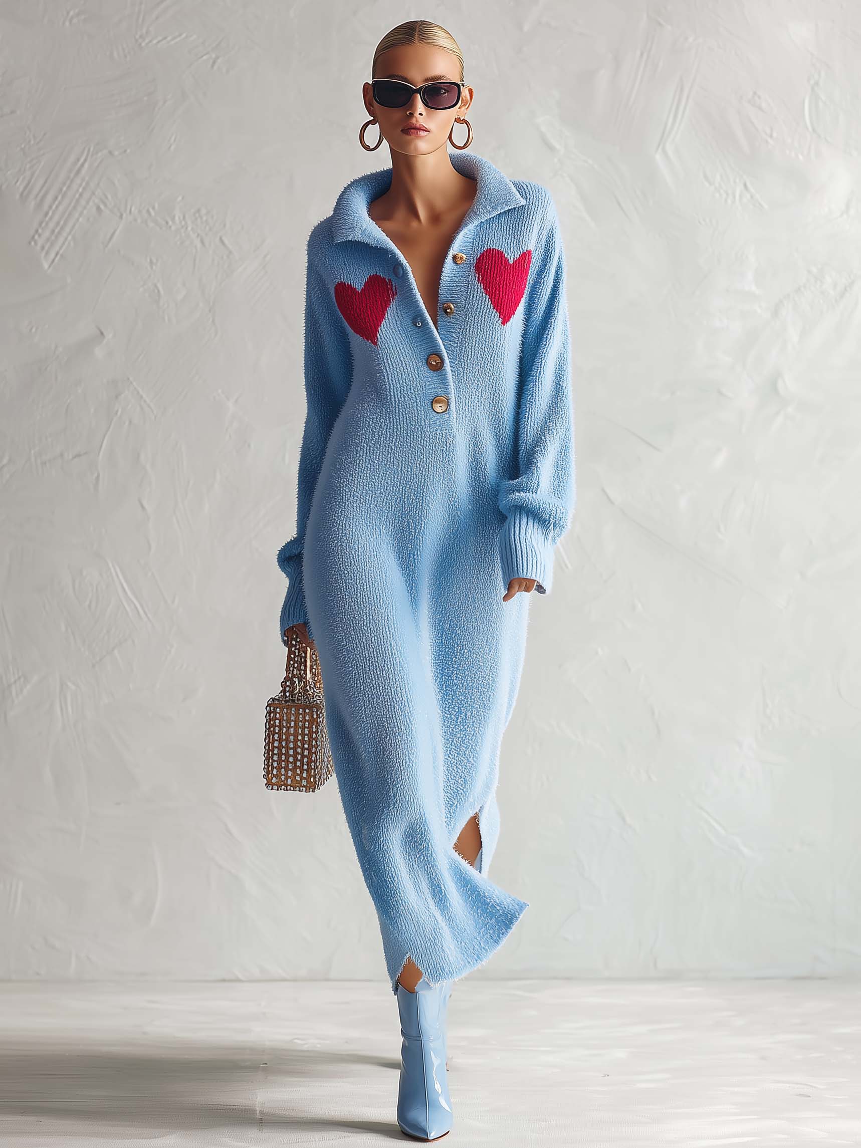 Josephine | Women's Heart-Motif Fuzzy Knit Maxi Sweater Dress