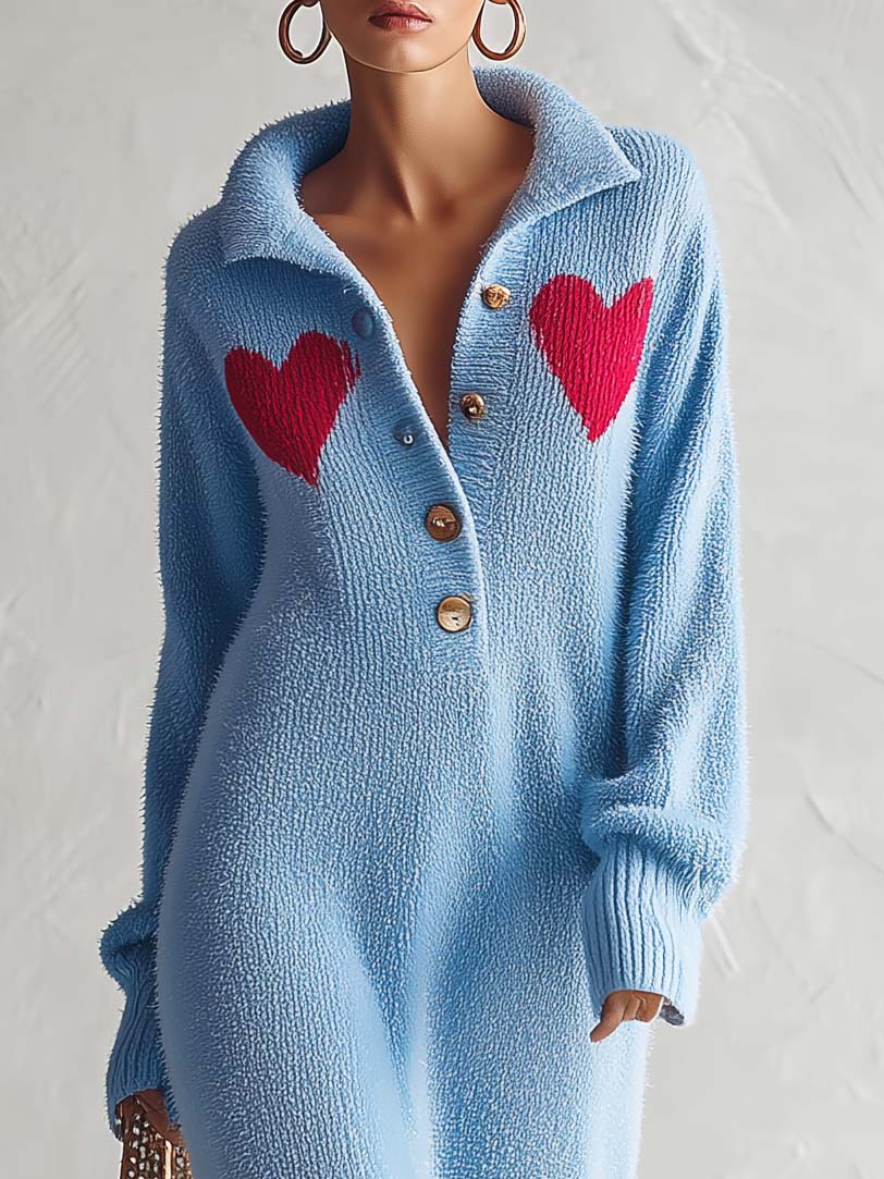 Josephine | Women's Heart-Motif Fuzzy Knit Maxi Sweater Dress