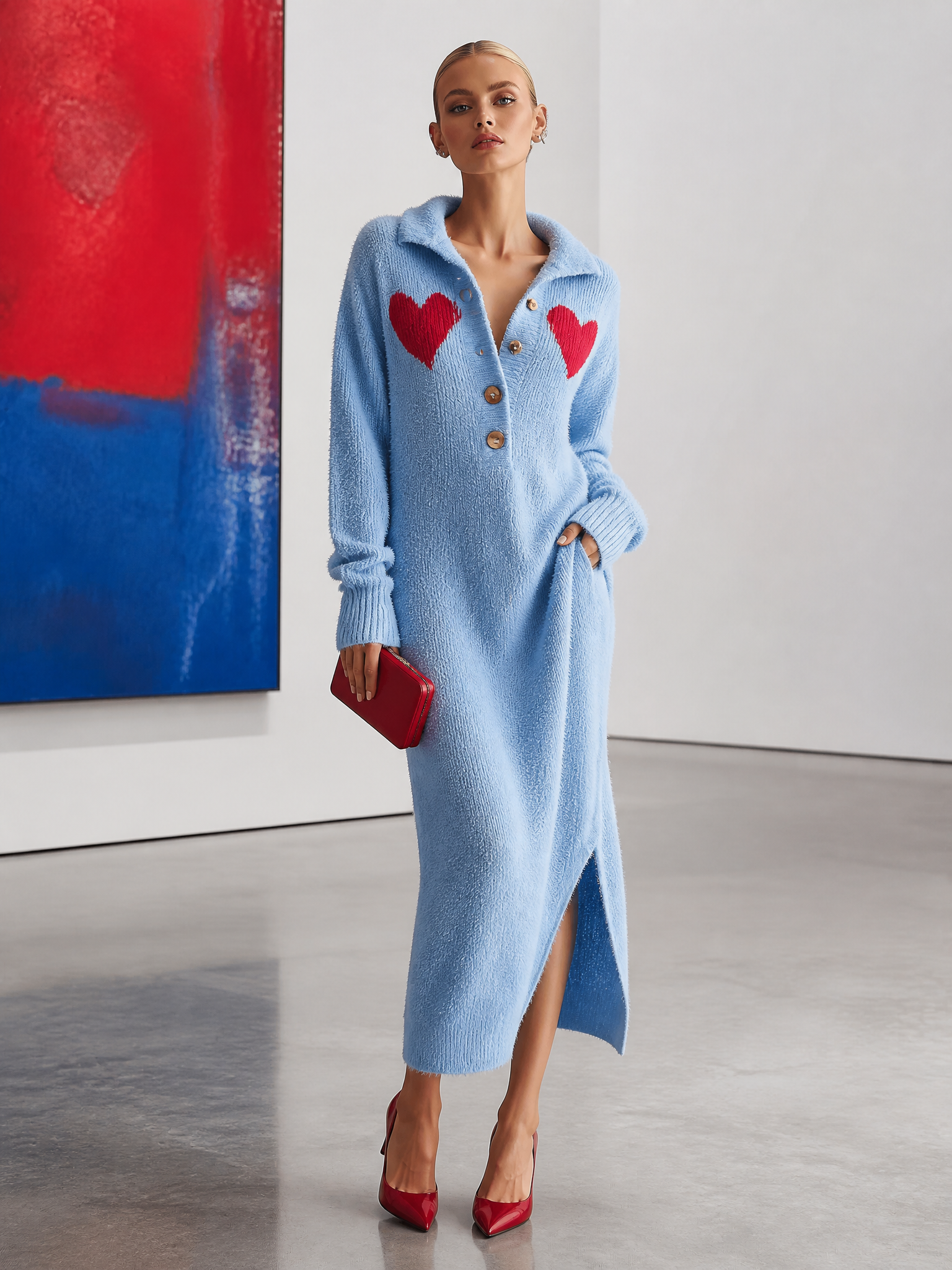 Josephine | Women's Heart-Motif Fuzzy Knit Maxi Sweater Dress