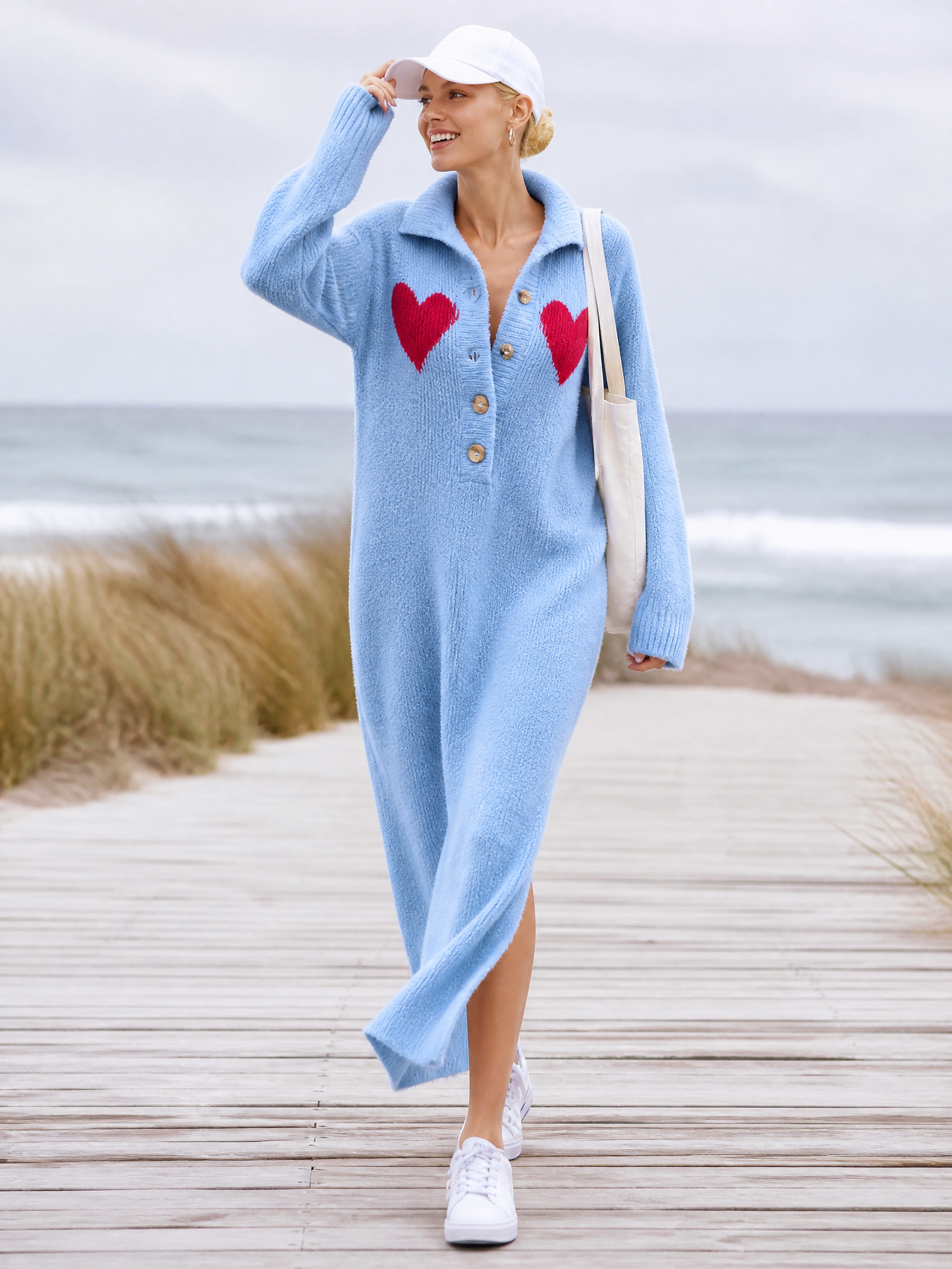 Josephine | Women's Heart-Motif Fuzzy Knit Maxi Sweater Dress