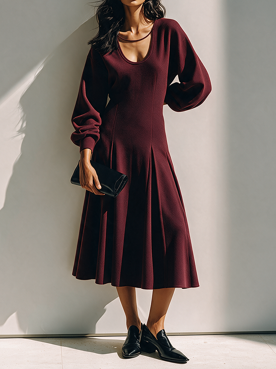 Adalyn | Women's U-Neck Midi Dress with Lantern Sleeves