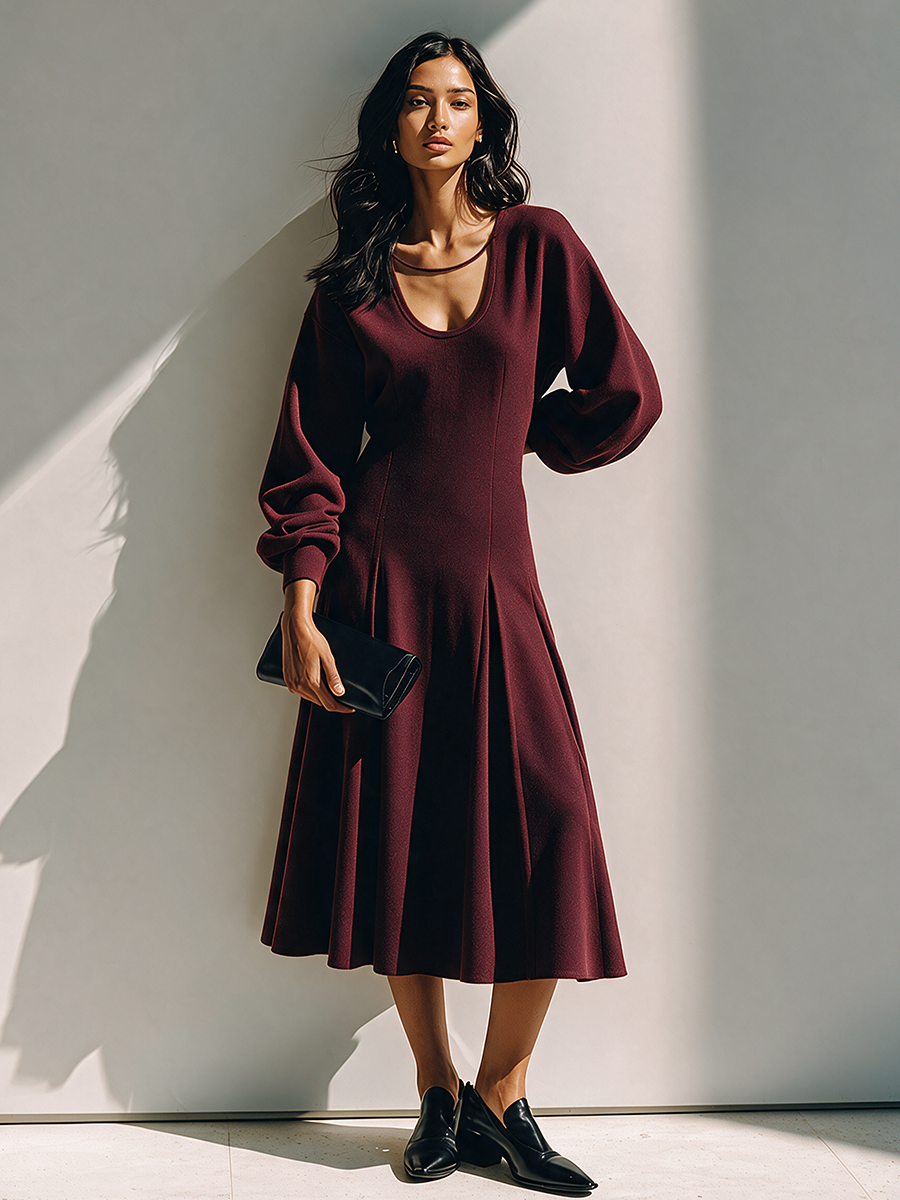 Adalyn | Women's U-Neck Midi Dress with Lantern Sleeves