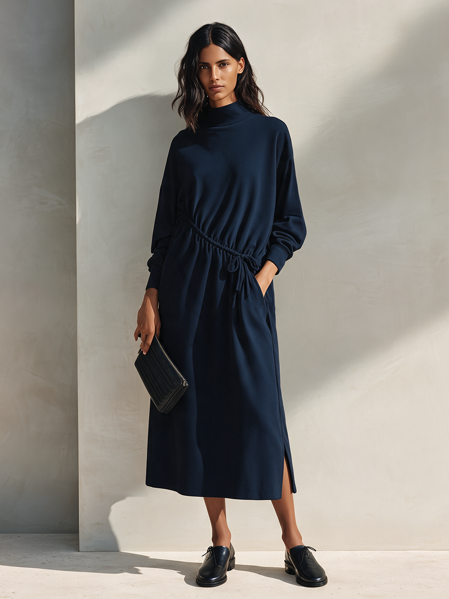 Adriana | Women's Drawstring Mock-Neck Midi Dress