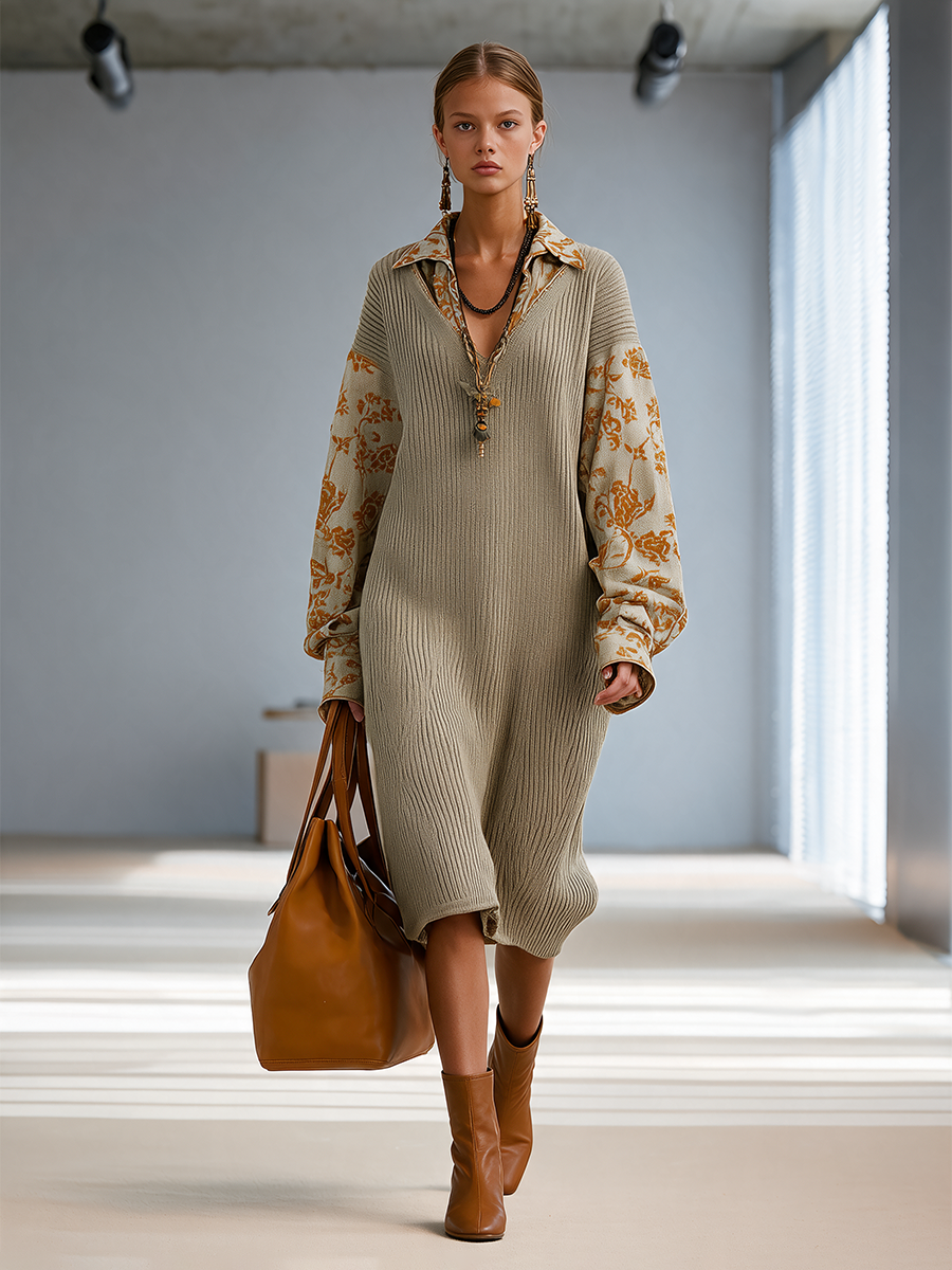 Marguerite | Women's Floral-Paneled Balloon-Sleeve Knit Midi Dress