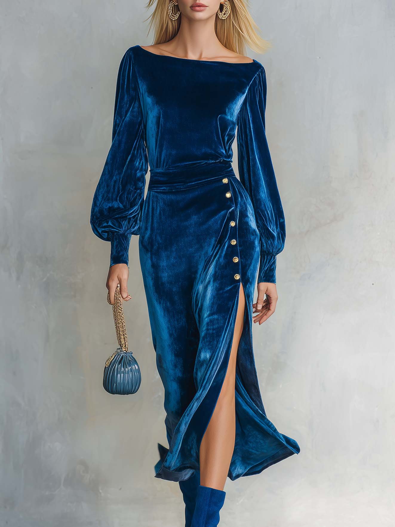 Vivienne | Women's Bishop-Sleeve Wrap Velvet Midi Dress