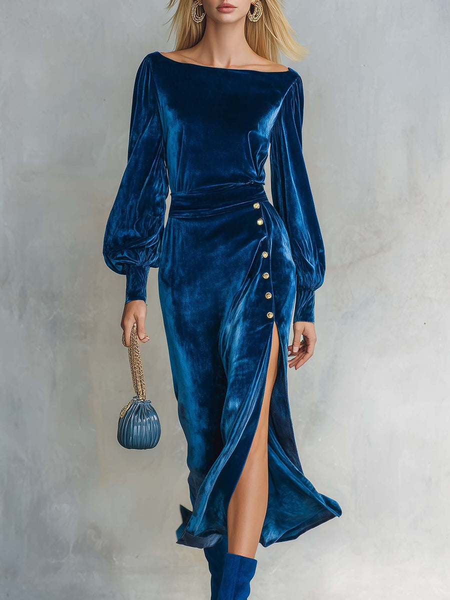 Vivienne | Women's Bishop-Sleeve Wrap Velvet Midi Dress