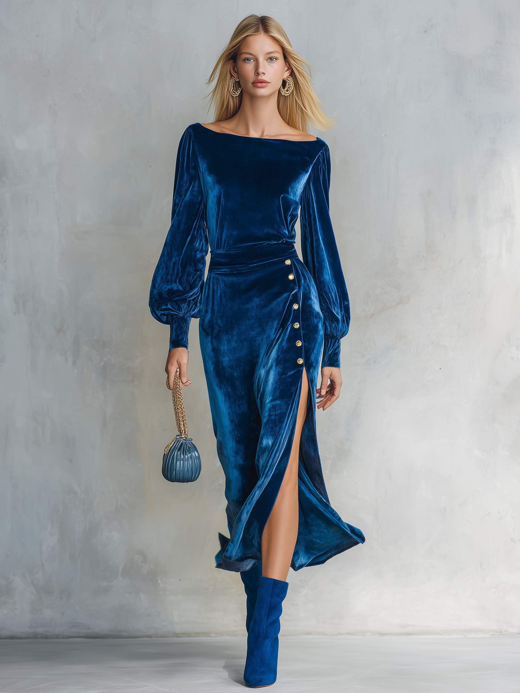Vivienne | Women's Bishop-Sleeve Wrap Velvet Midi Dress