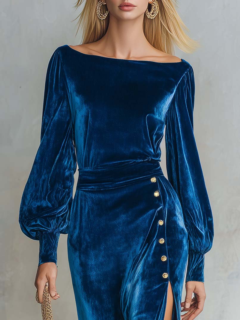 Vivienne | Women's Bishop-Sleeve Wrap Velvet Midi Dress