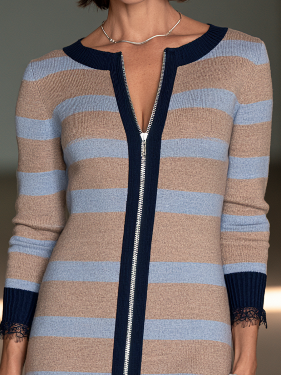 Marina | Women's Striped Zip-Front Knit Mini Dress
