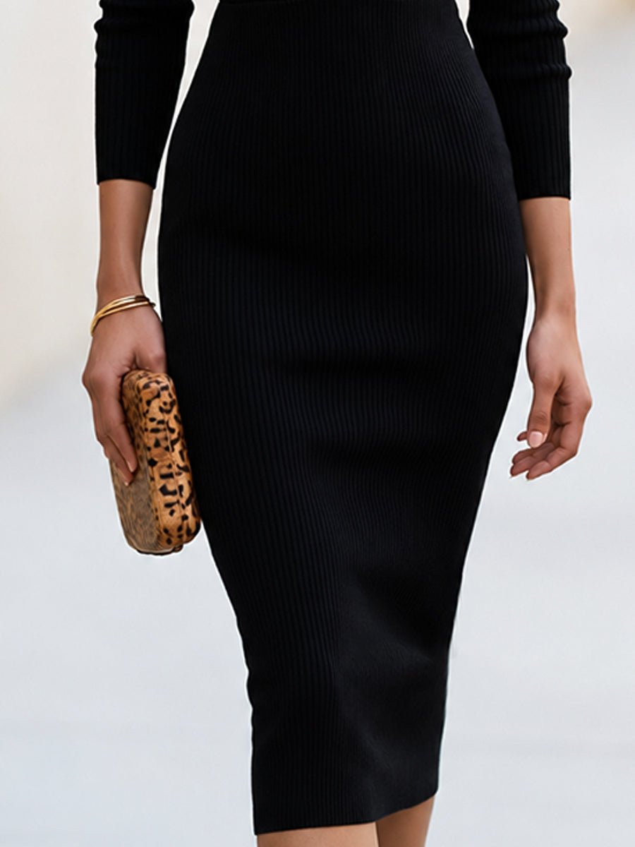 Vivienne | Women's Leopard-Trim Ribbed Knit Midi Dress