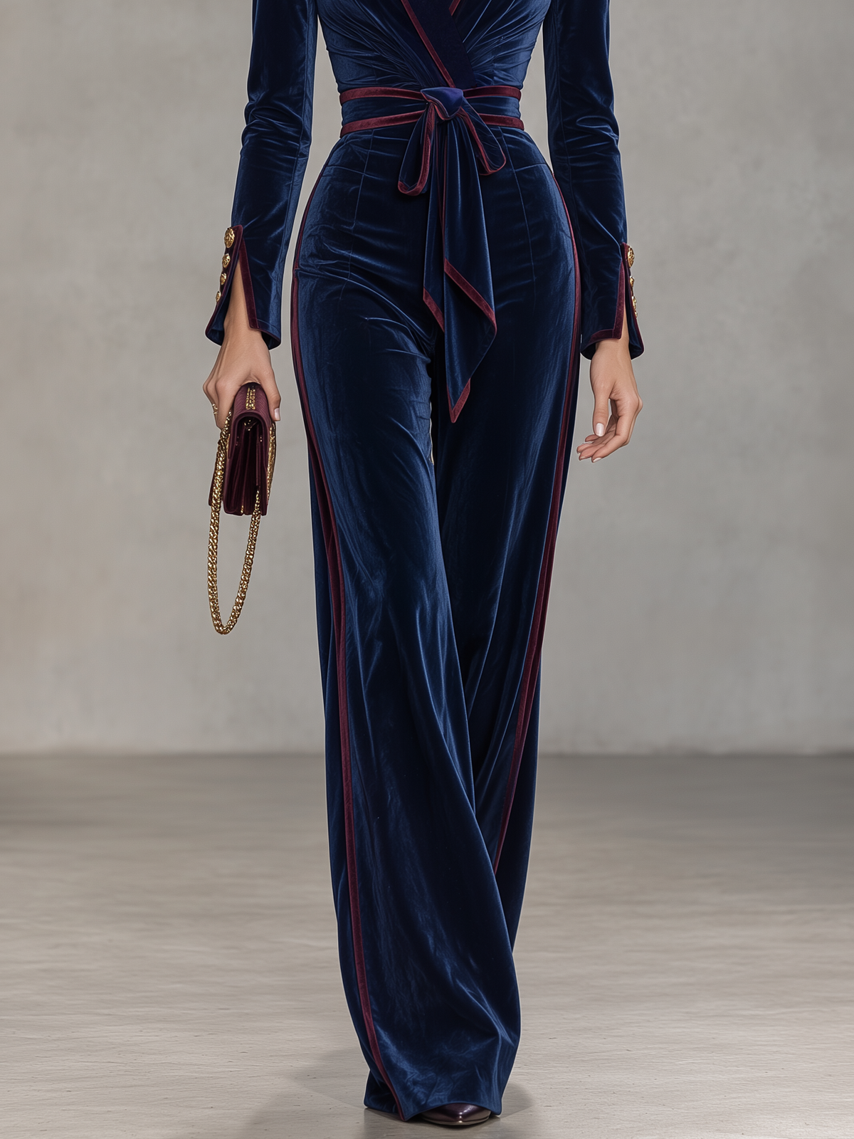 Frances-Violet | Women's Velvet Tie-Waist Jumpsuit with Contrast Piping