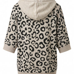 Back view of the leopard print hooded knit sweater showing the plain hood and ribbed hem