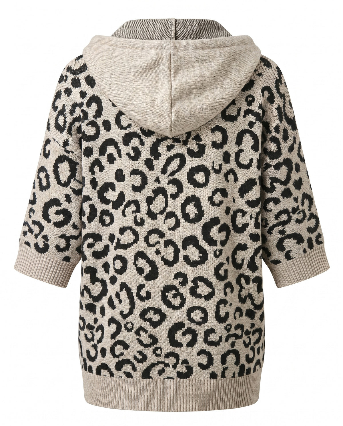 Back view of the leopard print hooded knit sweater showing the plain hood and ribbed hem